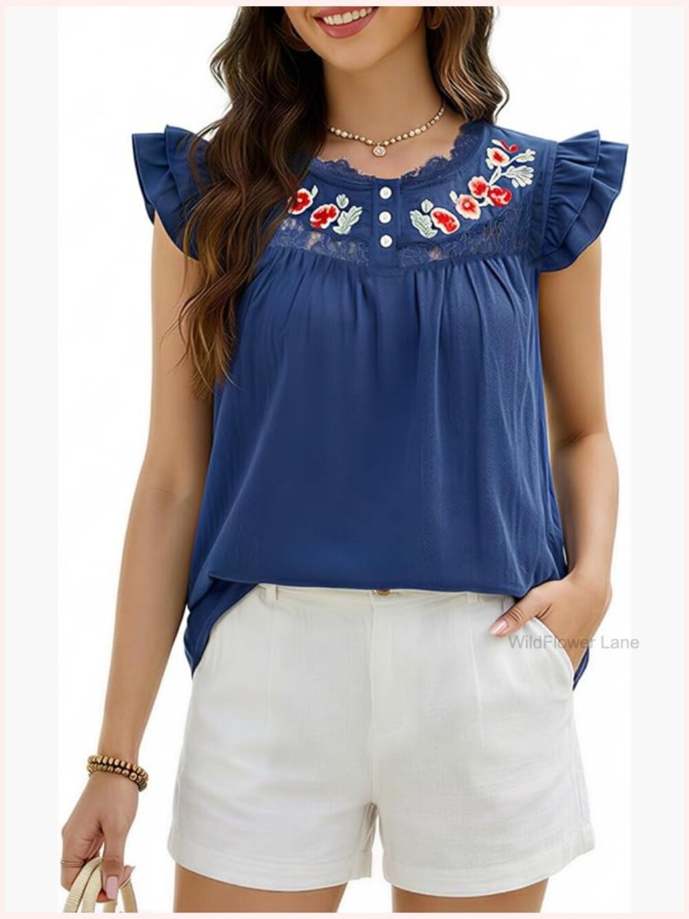 Cotton Boho Lace Embroidered Ruffle Short Sleeve Blouse Tunic